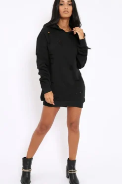 Rebellious Fashion Black Distressed Oversized Hoodie - Khloe