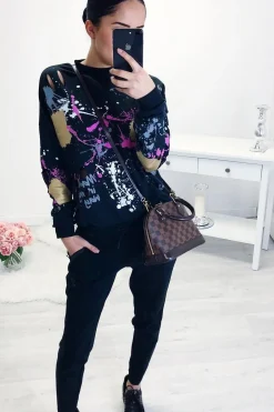 Rebellious Fashion Black Distressed Paint Splatter Jumper - Mina