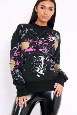 Rebellious Fashion Black Distressed Paint Splatter Jumper - Mina