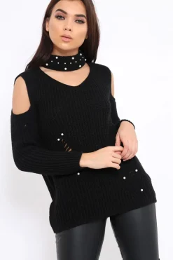 Rebellious Fashion Black Distressed Pearl Chunky Knit Jumper - Narla