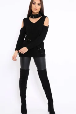 Rebellious Fashion Black Distressed Pearl Chunky Knit Jumper - Narla