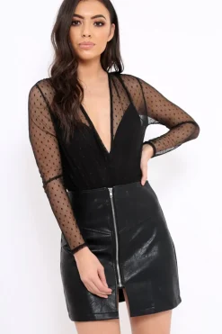 Rebellious Fashion Black Dobby Mesh Wrap Front Bodysuit - Rachael