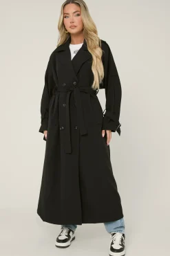 Rebellious Fashion Black Double Breasted Tie Sleeve Longline Oversized Trench Coat - Annmarie