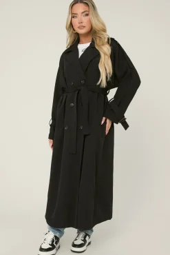 Rebellious Fashion Black Double Breasted Tie Sleeve Longline Oversized Trench Coat - Annmarie