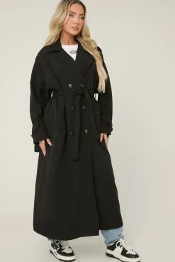 Rebellious Fashion Black Double Breasted Tie Sleeve Longline Oversized Trench Coat - Annmarie