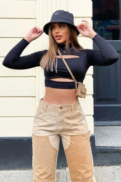 Rebellious Fashion Black Double Cut Out High Neck Slinky Crop Top - Joana