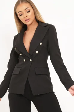 Rebellious Fashion Black Double Gold Button Blazer - Meka