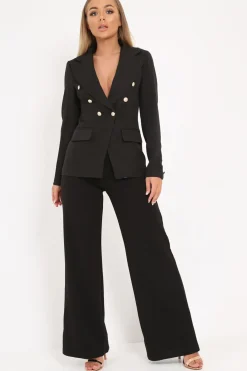 Rebellious Fashion Black Double Gold Button Blazer - Meka