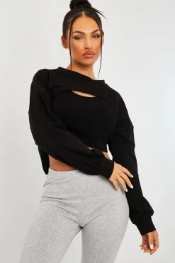 Rebellious Fashion Black Double Layer Crop Sweatshirt - Jannie