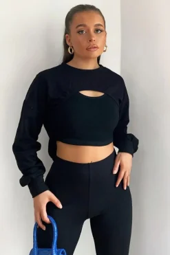 Rebellious Fashion Black Double Layer Crop Sweatshirt - Jannie