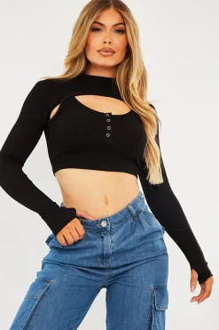 Rebellious Fashion Black Double Layer High Neck Crop Top - Mahani