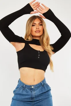 Rebellious Fashion Black Double Layer High Neck Crop Top - Mahani