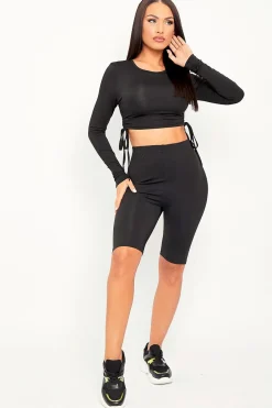 Rebellious Fashion Black Double Layer Ruched Top and Cycling Shorts Co-ord - Gwen