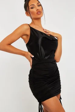Rebellious Fashion Black Double Ruched Slinky Mini Skirt - Luci