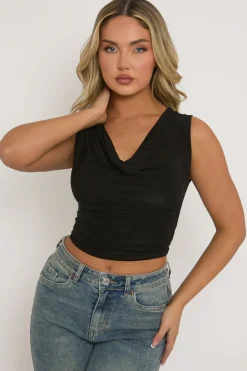 Rebellious Fashion Black Drape Front Cowl Top - Jaime