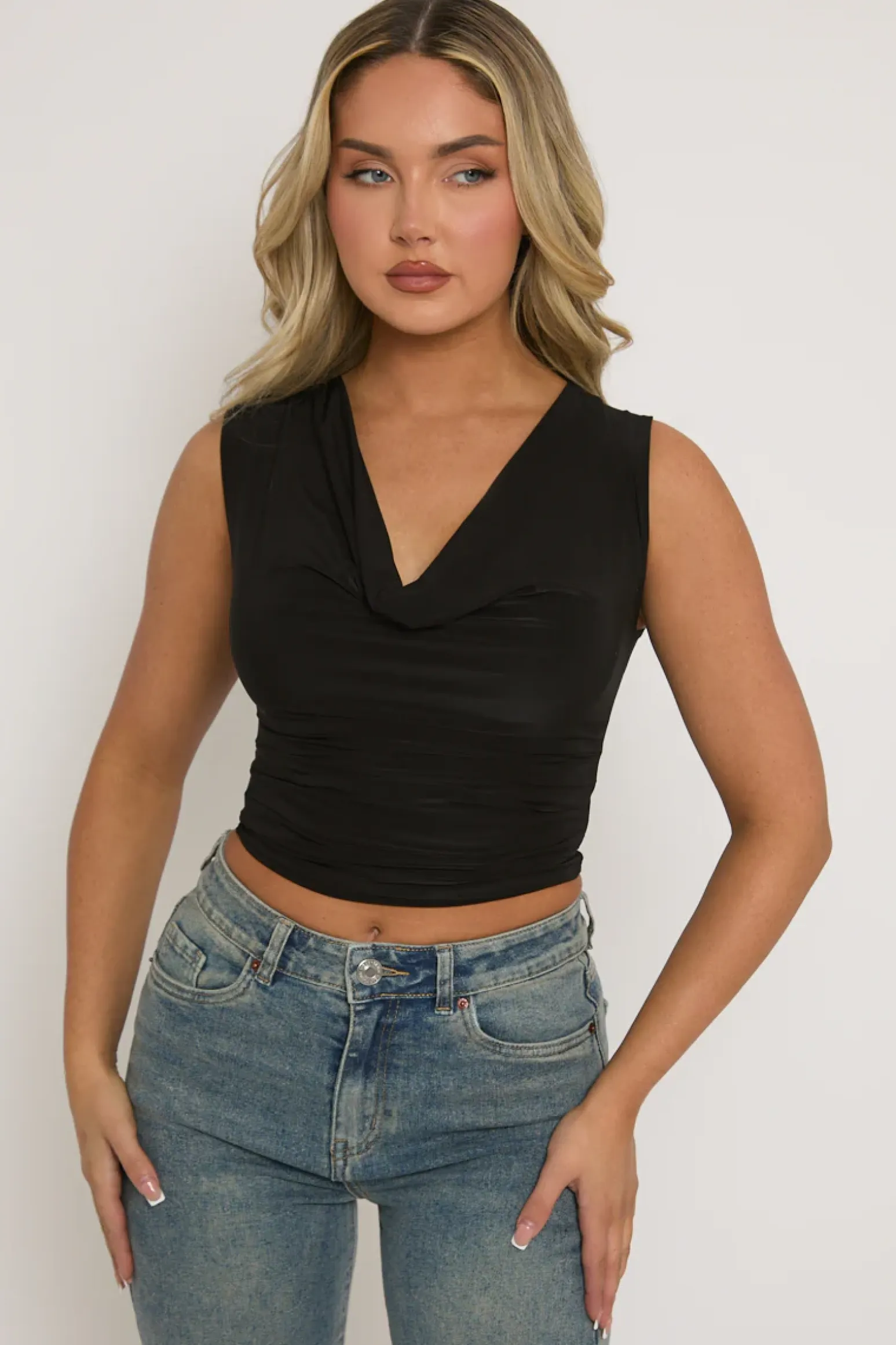 Rebellious Fashion Black Drape Front Cowl Top - Jaime