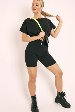 Rebellious Fashion Black Drawstring Top Cycling Short Loungewear Co-ord - Krissa
