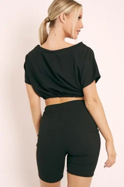 Rebellious Fashion Black Drawstring Top Cycling Short Loungewear Co-ord - Krissa