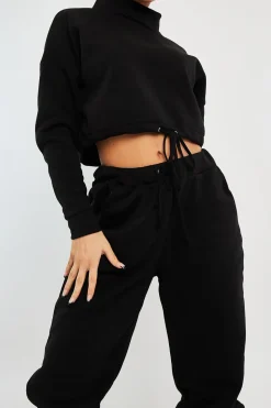 Rebellious Fashion Black Drawstring Waist Jumper and Joggers Co-ord - Kayla