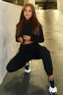 Rebellious Fashion Black Drawstring Waist Jumper and Joggers Co-ord - Kayla