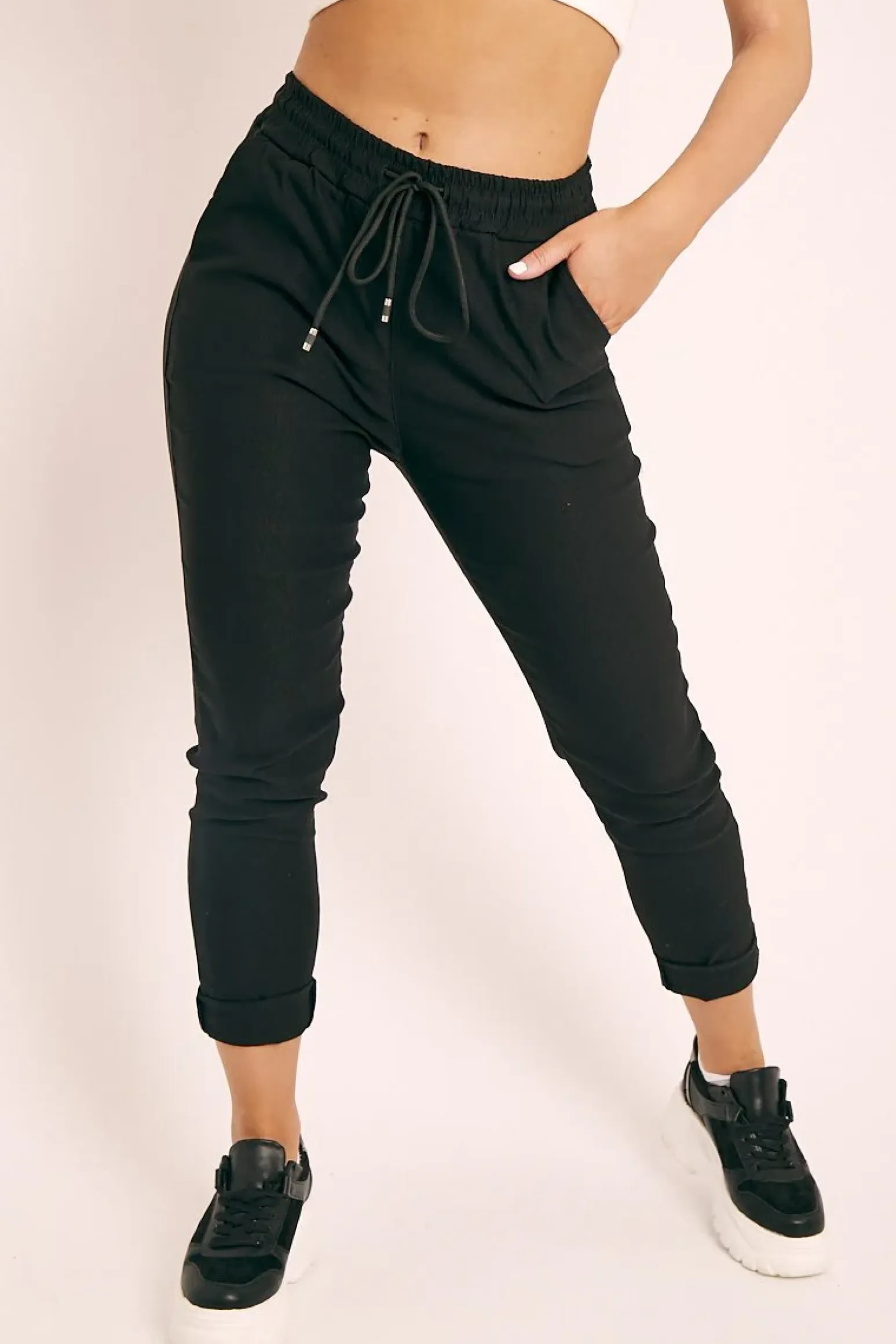 Rebellious Fashion Black Drawstring Waist Trousers - Maddi