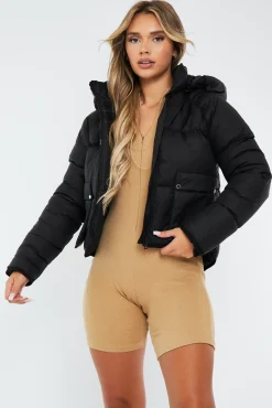 Rebellious Fashion Black Dropped Hem Front Pocket Puffer Jacket - Amelia