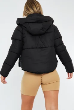 Rebellious Fashion Black Dropped Hem Front Pocket Puffer Jacket - Amelia