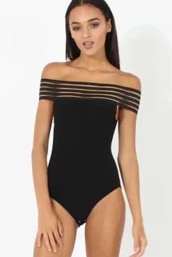 Rebellious Fashion Black Elasticated Bardot Bodysuit - Jill
