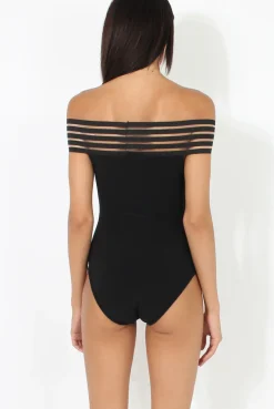Rebellious Fashion Black Elasticated Bardot Bodysuit - Jill