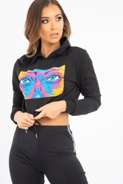 Rebellious Fashion Black Elasticated Cropped Hoodie with Graphic Print - Montanna