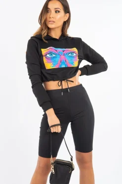 Rebellious Fashion Black Elasticated Cropped Hoodie with Graphic Print - Montanna