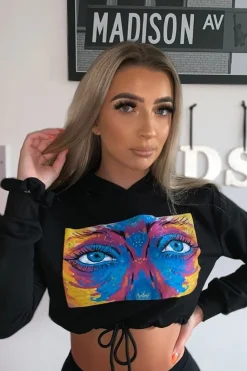 Rebellious Fashion Black Elasticated Cropped Hoodie with Graphic Print - Montanna