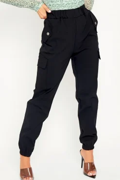 Rebellious Fashion Black Elasticated Waist Cargo Trousers - Yalina
