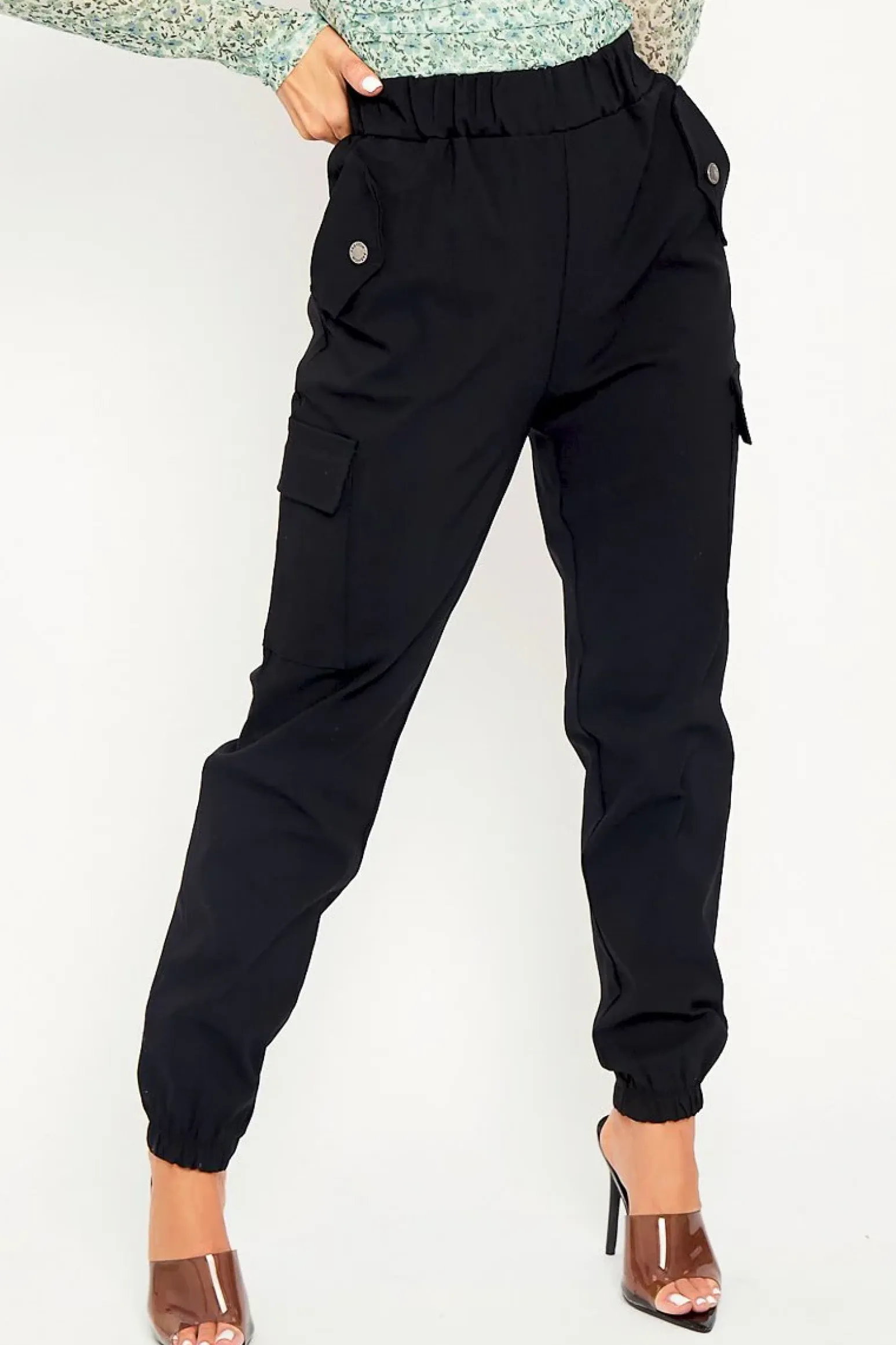 Rebellious Fashion Black Elasticated Waist Cargo Trousers - Yalina