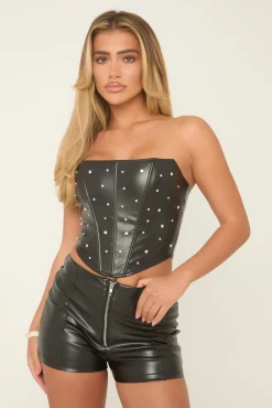 Rebellious Fashion Black Embellished Faux Leather Corset - Victoria