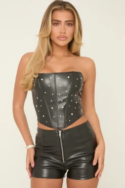 Rebellious Fashion Black Embellished Faux Leather Corset - Victoria