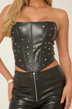 Rebellious Fashion Black Embellished Faux Leather Corset - Victoria