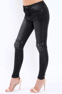 Rebellious Fashion Black Embellished Knees Denim Jeans - Kadi