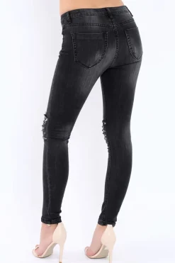 Rebellious Fashion Black Embellished Knees Denim Jeans - Kadi