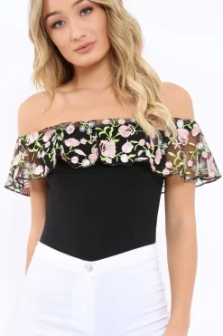 Rebellious Fashion Black Embroidered Bardot Bodysuit - Diya