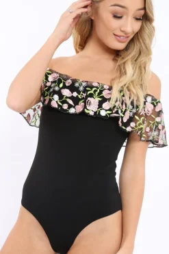 Rebellious Fashion Black Embroidered Bardot Bodysuit - Diya