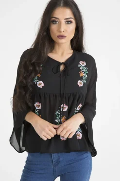 Rebellious Fashion Black Embroidered Bell Sleeve Blouse - Felicia
