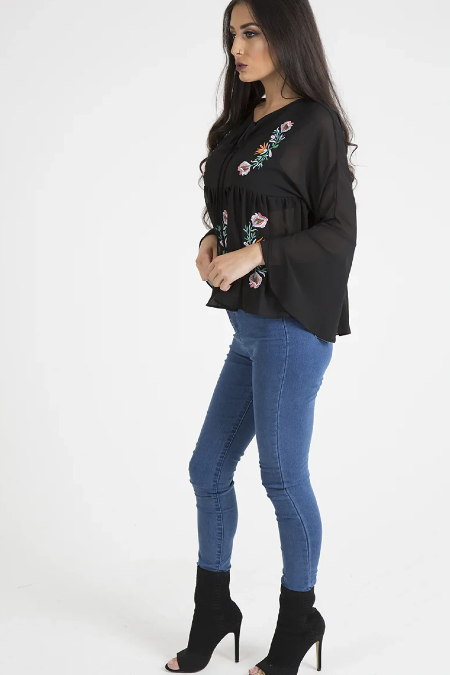 Rebellious Fashion Black Embroidered Bell Sleeve Blouse - Felicia