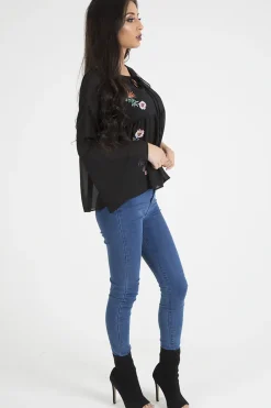 Rebellious Fashion Black Embroidered Bell Sleeve Blouse - Felicia
