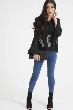 Rebellious Fashion Black Embroidered Bell Sleeve Blouse - Felicia