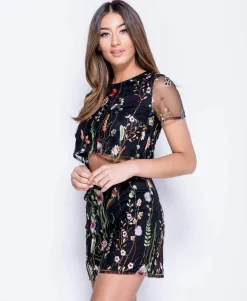 Rebellious Fashion Black Embroidered Floral Co-ord - Roxy
