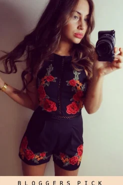 Rebellious Fashion Black Embroidered High Neck Playsuit - Maya