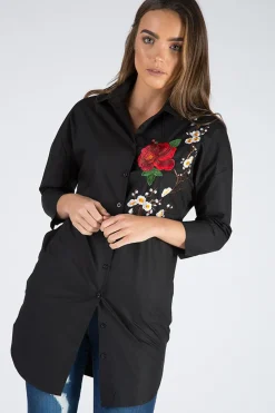 Rebellious Fashion Black Embroidered Oversized Shirt - Kate