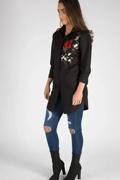 Rebellious Fashion Black Embroidered Oversized Shirt - Kate
