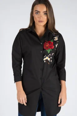 Rebellious Fashion Black Embroidered Oversized Shirt - Kate